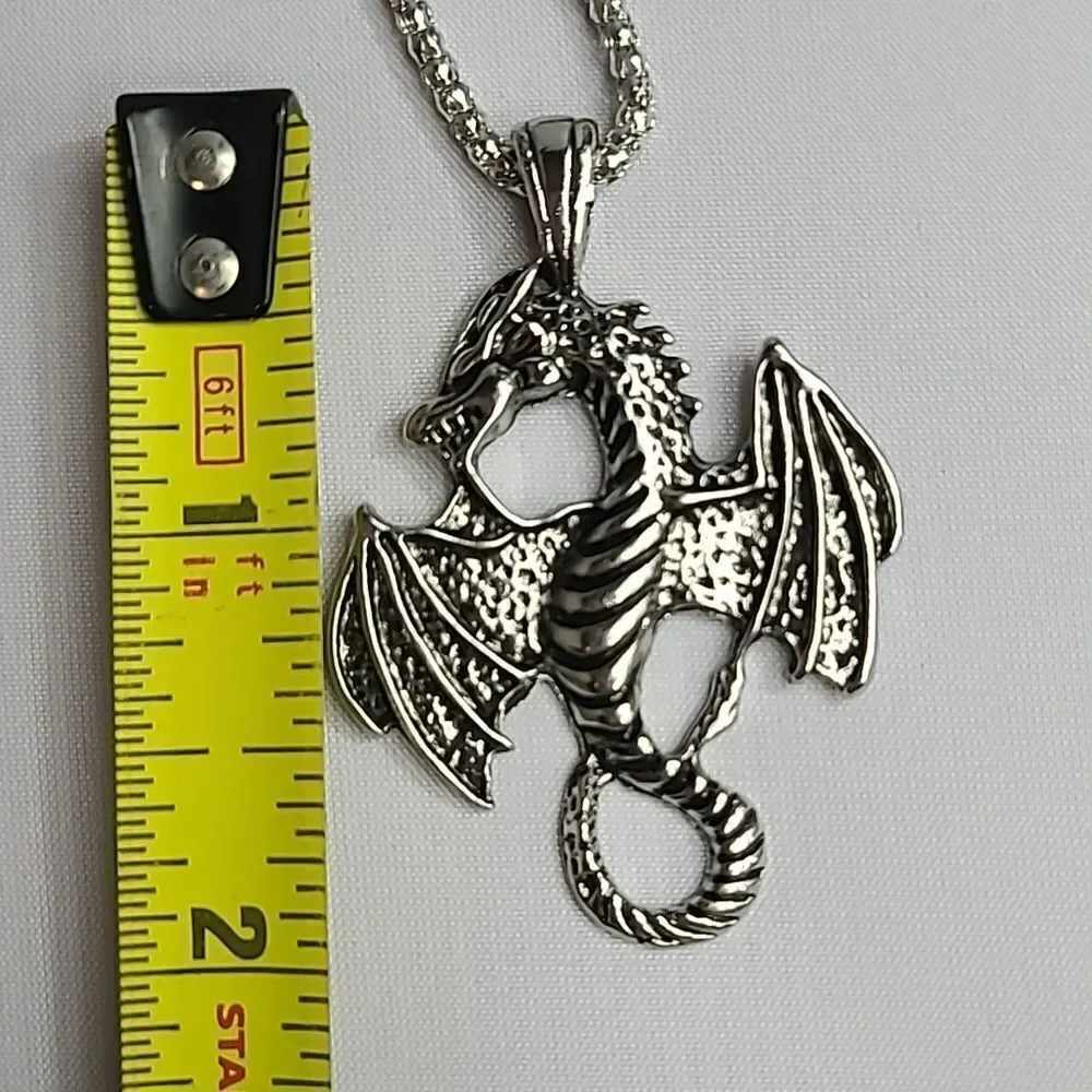 Dragon Necklace Antique Silver Flying Dragon Pendant Viking Fantasy Gothic 23